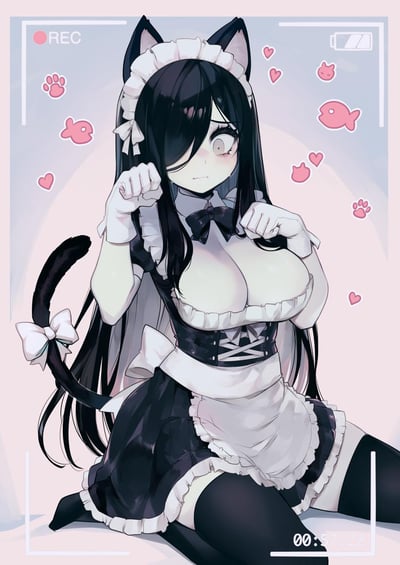 这是一幅AI生成的二次元萌系插画，画面主体是一位身着黑白荷叶边女仆装的猫耳少女：她留着乌黑长直发，一侧眼睛被发丝遮挡，面露害羞又略带紧张的神情，双手做出猫爪的可爱姿势，身后的黑色猫尾巴系着白色蝴蝶结，呈跪坐姿态。画面带有模拟录制界面的边框（含REC标识、电池图标、计时00:57:22），周围点缀着粉色的小鱼、爪印、爱心图案，整体色调柔和，充满软萌的二次元氛围。