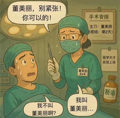 卡通风格的手术室场景，描绘了规培第二天的医生董美丽手持手术刀，额头冒汗，紧张地自我鼓励：“董美丽，别紧张！你可以的！”。而手术台上的另一位角色却困惑地回应：“我不叫董美丽啊？”“我叫董美丽...”。墙上的“手术安排”表显示主刀为董美丽（规培第2天），旁边“医学天才 自信上岗”的标语与她的紧张形成反差，角落的“斩酒”瓶更添幽默。整体通过身份误解和新手医生的焦虑营造出搞笑又无奈的氛围。