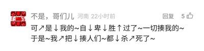 这是一张国内社交媒体平台的用户评论截图，评论用户的昵称显示为“不是，哥们儿”，所在地标注为河南，该评论发布于22小时前，获得了5个点赞。评论内容添加了↗、↓、~等语调符号，具体内容为“可↗是↓我的~自↓卑↓胜↑过了~一切揍我的~于是~我↗把↓揍人们~都↓杀↗死了~”，通过语调符号模拟说话时的语气起伏，强化了情绪的表达，文字呈现出因自卑被他人欺负后产生极端报复想法的夸张表述，属于用户宣泄负面情绪的情绪化发言，并非真实的暴力行为描述。