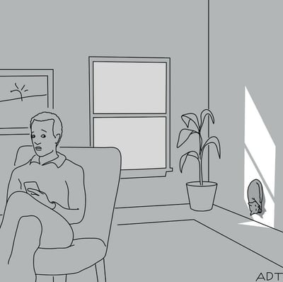 这是一幅单色调的线稿静态插画，描绘了一个普通的室内场景：房间内，一名男子坐在浅色扶手椅上，双腿交叠，正低头看着手机，脸上带着惊讶的神情，但他的注意力完全被手机吸引，没有注意到房间右侧墙角的墙面上有一个破洞，一只猫正从这个破洞里探出头来。房间背景里有一扇双格窗户，窗边摆放着一盆绿植，左侧墙上挂着一幅简单的画，整体场景简洁日常，却暗藏着“安全漏洞”的暗示。
