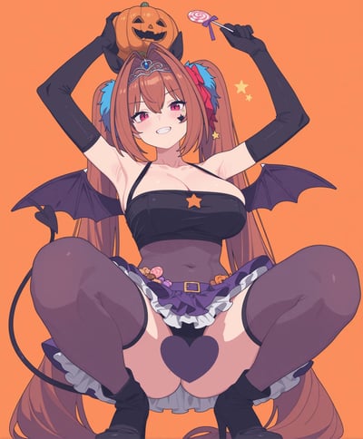 这是一张AI生成的万圣节主题二次元插画，画面中的双马尾少女身着小恶魔风格的万圣节服饰：黑色抹胸上衣搭配装饰着糖果的紫色荷叶边短裙，搭配黑色长手套、过膝袜与高跟鞋，背后长着蝙蝠翅膀，还有恶魔尾巴，头上佩戴着精致小皇冠，发尾带有蓝色彩染。她以蹲坐姿势双手举起，一只手托着经典的南瓜灯，另一只手拿着系着紫丝带的螺旋棒棒糖，脸上带着俏皮的笑容，脸颊还有星星样式的妆容，暖橙色背景烘托出浓郁的万圣节氛围，整体风格可爱又充满节日感。