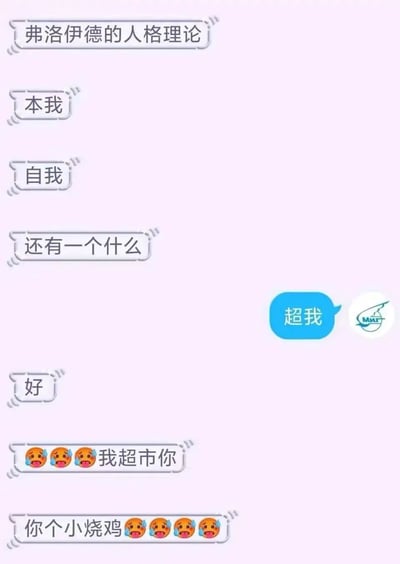一张模仿聊天界面的梗图，以弗洛伊德人格理论为主题。上方文字气泡依次为“弗洛伊德的人格理论”、“本我”、“自我”，接着是“还有一个什么”，右侧蓝色气泡回答“超我”，下方气泡则用“我超市你”（谐音“超我”的网络俚语）和“你个小烧鸡”等幽默表达，搭配三个哭泣表情符号，形成搞笑效果。