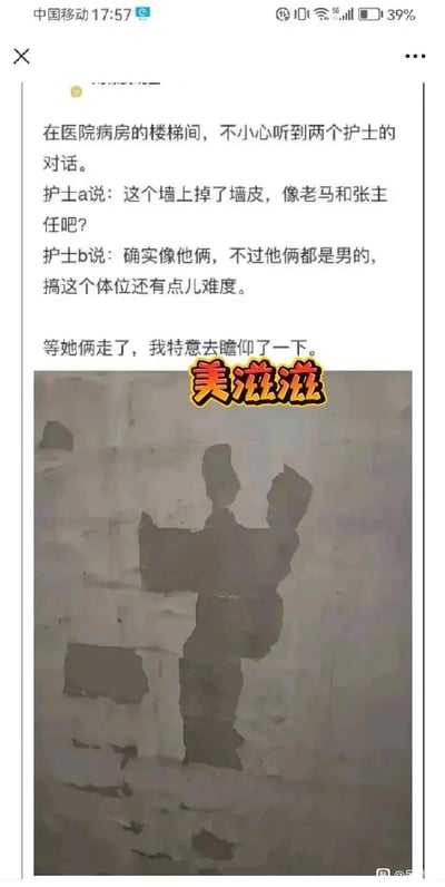 这是一则图文结合的趣味内容，文字部分讲述了作者在医院病房楼梯间，偶然听到两位护士的对话：护士a称墙上脱落的墙皮形状像老马和张主任，护士b则调侃两人都是男性，做出这个互动体位有难度，随后作者特意去查看了这处墙皮。配图是墙上脱落的墙皮，其形状恰好形成两个互动的人形，上方还配有“美滋滋”的文字，通过视觉错觉结合职场人物的调侃，制造出荒诞搞笑的幽默效果，是利用生活中的巧合场景创作的趣味内容。
