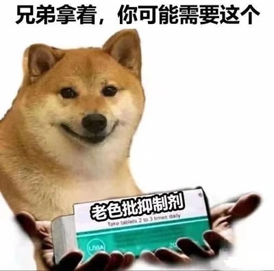 图片中是经典的Doge柴犬形象，面带微笑，双手（合成的手）捧着一盒标注为'老色批抑制剂'的药盒，上方配有文字'兄弟拿着，你可能需要这个'。整体通过幽默的方式，用虚构的'抑制剂'调侃网络用语'老色批'（指好色的人），营造出戏谑搞笑的效果。