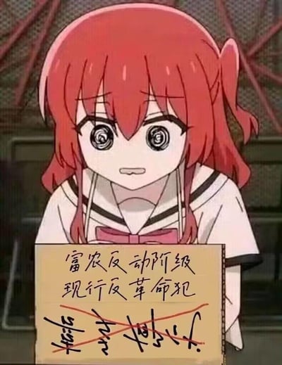 这是一张网友二次创作的荒诞搞笑梗图，素材取自动画《孤独摇滚！》中的角色喜多郁代的截图。图中喜多郁代双眼失神、表情惊恐无助，被P上了一块写有“富农反动阶级 现行反革命犯”的批斗牌子，她的手写体名字还被红笔划掉。用严肃的批斗场景与可爱软萌的动画角色形成强烈反差，制造出荒诞滑稽的玩梗效果，没有双关、谐音梗等内容。