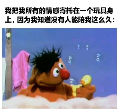 图片上方配有文字'我把我所有的情感寄托在一个玩具身上，因为我知道没有人能陪我这么久：'，下方是《芝麻街》中的角色厄尼（Ernie）在充满泡泡的蓝色背景浴缸里，双手捧着一只黄色橡皮鸭，眼神专注地凝视着它，画面既带着一丝孤独感，又因玩具的陪伴显得温暖，形成情感共鸣。
