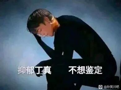 这是一张经过P图改编的真人图文混排图，画面中是真人丁真，他单手扶头，身体蜷缩蹲坐，神情低落沮丧，图下方配有文字‘抑郁丁真 不想鉴定’，属于网络玩梗创作，将丁真的形象与‘抑郁’状态结合，传递出不想进行‘鉴定’类事务的低落抗拒情绪，右下角带有百度贴吧‘@孙笑川吧’的水印，是用于网络社交表达沮丧、不想做事心情的梗图内容。
