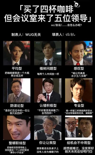 这张图片用九个幽默方式展示了当买了四杯咖啡却来了五位领导时，职场人为了化解尴尬可能使用的不同“套路”应对，有平均型、植树问题型、专业型、感叹型等，贴合打工人日常与社畜文化。段子语言轻松、讽刺、带点自嘲，内容非常适合在社交网络吐槽职场困境和合作难题。图中未明显出现双关或谐音梗，但每种类型的命名和解释都暗含对职场内卷、推锅、表态文化的讽刺。