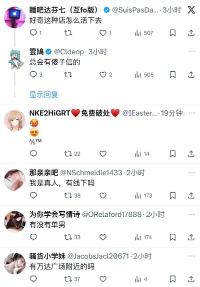 这是一张X.com(原Twitter)的社交媒体截图，展示了一个关于可疑账号如何生存的对话线程。截图中包含多个用户发布的内容，形成了一个讨论链。