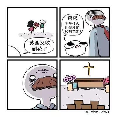这是一则四格黑色幽默漫画。第一格展示了女生苏西收到男生赠送的花束的场景，旁边的人感慨“苏西又收到花了”；第二格中，一个小孩仰头向父亲提问：“爸爸！男生什么时候才能收到花呢？”；第三格中，父亲听到问题后露出悲伤凝重的表情，眼眶泛红；第四格给出了扎心的答案：在葬礼上，躺在棺材里的男生（即去世后），周围才会摆放花束，讽刺了现实中男性很少在生前收到花的现象，用黑色幽默的方式调侃了性别差异下的生活细节。