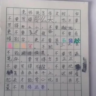 这是一张极具网络幽默感的小学生作文纸，内容用手写罗列了老师针对写字规范给的一系列要求，比如字不能太大也不能太小，不要歪歪扭扭，更不能‘天圆地方’地写，还要‘方方正正’。部分字用了彩色笔、特殊字体混入其中，调侃老师标准太多，甚至有“写字不能很黑”“更不要天圆地方写”等梗。素材有真实小学生写作业的笔迹和涂抹痕迹，整体表现出学生对要求繁多的无奈和自嘲。非常适合用作老师要求太多、规范太死板等场景的表情包和搞笑配图。

特别说明：图片中的“天圆地方”“写得很黑”，均为对于传统书写与行为规范的趣味双关、调侃或无厘头发挥。