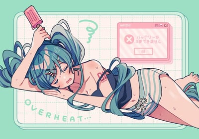 一张动漫风格插画，描绘了一位蓝发少女穿着泳装躺在网格状背景上，手持粉色冰淇淋，表情疲惫，额头上有汗珠。她的头发凌乱，背景中有一个粉色警告窗口，上面用日文写着"无法冷却"。画面左下角有"OVERHEAT..."字样，整体呈现出夏日炎热、无法降温的场景。