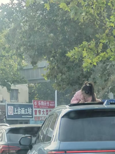 在城市街道的户外场景中，一名扎着马尾、身穿粉色外套的小女孩，趴在一辆SUV的汽车天窗上，正低头专注地写作业。背景可见高大的梧桐树，以及街边的多家店铺招牌，包括「上古面工坊」「乐购云仓24小时精品超市」「窗帘大型」等，呈现出充满生活感的日常街景，这个意外的写作业场景显得十分有趣。