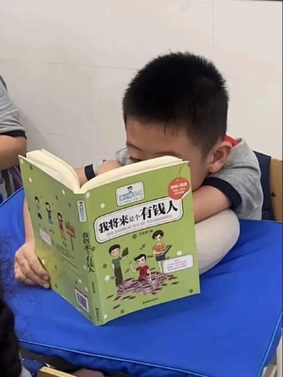 图片展示了一个短发小男孩，他趴在铺有蓝色桌垫的桌子上，将脸埋在胳膊里，看起来已经进入睡眠状态。在他面前摊开着一本名为《我将来是个有钱人》的胡小闹日记系列儿童读物，书本立起刚好挡住他的脸，营造出他正在认真阅读这本书的假象，形成了有趣的反差感。场景看起来像是在教室或者托管班这类供孩子学习、休息的场所，画面充满了童真的趣味感。