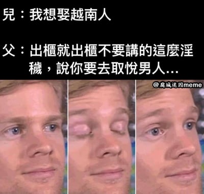 这是一张三格拼接的搞笑梗图，上方是儿子和父亲的对话文字。儿子说："我想娶越南人"，父亲则误解为儿子要"出柜"，回应道："出柜就出柜不要讲的这么淫秽，说你要去取悦男人..."。下方三格分别是同一个金发男子从平静、困惑到恍然大悟的表情变化，配合对话内容形成幽默效果。图中使用了谐音误解的搞笑手法，将"娶越南人"曲解为"取悦男人"。