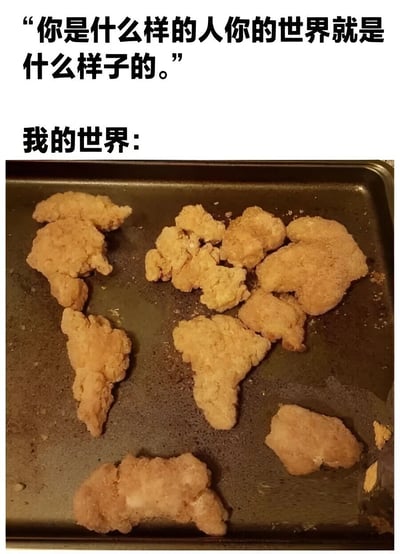图片上方配有文字“你是什么样的人你的世界就是什么样子的。”，下方紧接着“我的世界：”，并展示了一张烤盘照片，盘中的炸鸡块被巧妙地排列成类似世界地图的形状，通过将富有哲理的名言与日常美食场景结合，形成幽默反差，表达了一种轻松调侃的生活态度。
