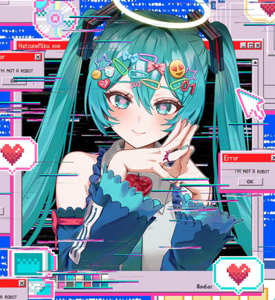 画面主体为虚拟歌姬初音未来，她有着标志性的蓝绿色双马尾，头顶悬浮着发光光环，前额别满星星、蝴蝶结、笑脸等彩色发饰。角色身着蓝白相间的服饰，左手比出peace手势，掌心托着一颗红色爱心，眼神明亮带笑，脸颊泛着红晕。背景充满赛博故障风格，叠加了多个复古电脑系统弹窗（如显示“Error I'M NOT A ROBOT”的错误窗口、标题为“HatsuneMiku.exe”的程序框）、像素风格爱心、彩色干扰线条和代码纹理，整体呈现出科技感与二次元美学的融合。