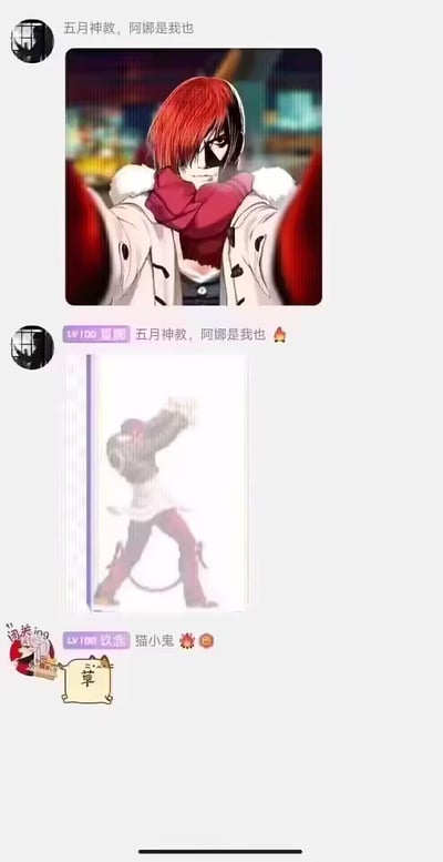 这是一段ACG相关群聊的截图内容：第一位用户发送了《拳皇》角色八神庵的帅气变身图，第二位用户紧接着发了一张八神庵动作模糊的恶搞图，仿佛变身“翻车”，第三位用户则发送了带有“草”字的表情包，用网络热词表达无语、吐槽的情绪，整体是群友间玩的搞笑整活梗，通过对比帅气形象和恶搞模糊图制造笑点。