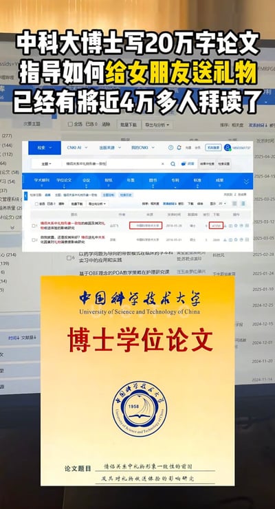 这张图片聚焦于一位中科大博士，写了一篇20万字的博士论文，指导如何给女朋友送礼物。图片利用学术页面与论文封面进行拼贴，突出“论文选题日常化”、“学术与恋爱结合”的强烈反差与幽默感。话题引发网友调侃，有浓厚的娱乐性和反差萌属性。论文标题和已被4万人拜读的数据，令人忍俊不禁。

**双关/梗点**：剧情将严肃的博士课题变成恋爱指导，显得极具玩梗感。