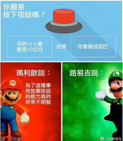 这张梗图以“按下按钮吗”系列为模板，上半部分提出一个略带性暗示的选择题：你的x x会变长10公分，但你会变成哑巴。下半部分分为红（玛利欧）和绿（路易吉）两区，玛利欧表示“为了这种事而放弃说话真的不明智”，路易吉没有发言。整体充满双关与性暗示，配合经典游戏角色制造反差笑点，属于台式幽默网络梗。