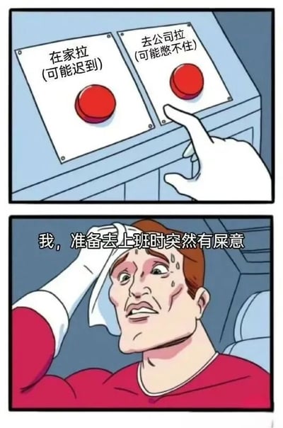 这是一张上下两格的连环漫画，描绘了打工人的日常困境。上格展示两个红色按钮，左侧按钮标注“在家拉 (可能迟到)”，右侧按钮标注“去公司拉 (可能憋不住)”，一只手指正指向右侧按钮。下格中，一名穿着红色上衣的男性角色正用毛巾擦拭额头，脸上满是汗珠，表情焦虑，配文“我，准备去上班时突然有屎意”。漫画通过夸张的选择困境和角色表情，幽默地展现了上班族在出门前遭遇内急时的两难心态。