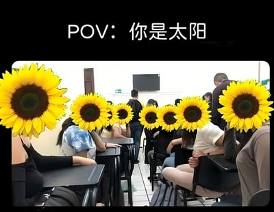 这张图片采用POV(Point of View)视角，标题为'POV: 你是太阳'。图片主体是一间教室，里面有许多学生坐在课桌前。有趣的是，所有学生的脸都被向日葵图片替代，形成了一种幽默效果，仿佛所有学生都像向日葵一样朝着'太阳'(即观看者)。这种创意改编通过简单的图片编辑，将日常课堂场景转化为一个有趣的视觉笑话。