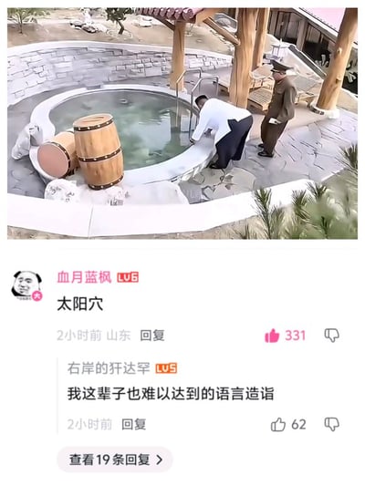 图片展示了一个温泉场景，一名穿白衬衫的男子正弯腰查看水池，旁边站着一位穿军装的男子。图片下方是社交平台评论区，用户'血月蓝枫'评论'太阳穴'获得331个赞，另一位用户'右岸的歼达罕'回复称'我这辈子也难以达到的语言造诣'获得62个赞。这张图通过将温泉场景与简短评论结合，形成了一个关于语言技巧的幽默梗图。