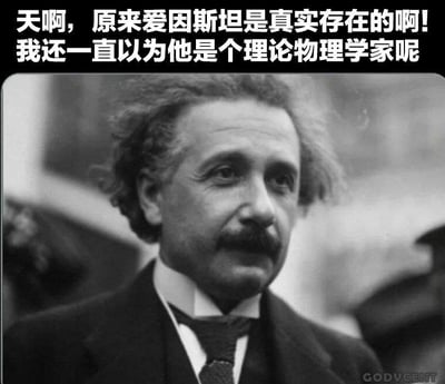 这是一张带有搞笑反转梗的图片，主体是著名物理学家阿尔伯特·爱因斯坦的黑白历史肖像照，照片上方配有醒目的白色文字：“天啊，原来爱因斯坦是真实存在的啊！我还一直以为他是个理论物理学家呢”。该梗通过故意混淆“真实存在的人物”与“人物的职业身份”这两个概念，制造出荒诞的反差感——爱因斯坦本身就是真实存在的理论物理学家，文案却用一本正经的语气说出违背常识的话，以此形成幽默效果，让人觉得滑稽好笑。