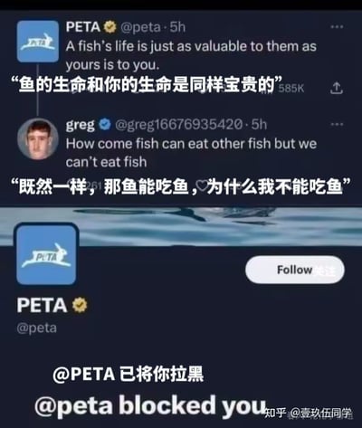这是一张社交平台互动的梗图，内容分为三部分：1. PETA（善待动物组织）官方账号发布言论“鱼的生命和你的生命是同样宝贵的”，宣传动物保护理念；2. 网友greg针对该言论发出灵魂反问：“既然一样，那鱼能吃鱼，为什么我不能吃鱼”；3. 最后显示PETA已将该网友拉黑的提示。整个梗图通过这种反差感，讽刺了PETA面对逻辑反问时无法回应就拉黑的行为，充满搞笑与讽刺的氛围。