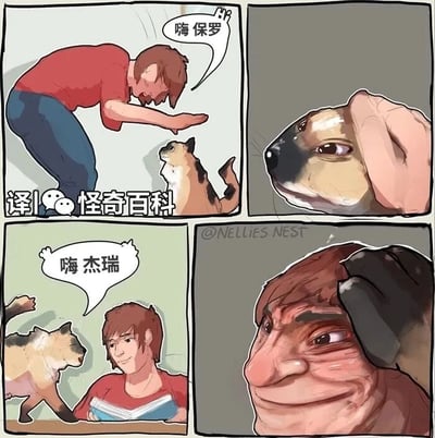 这是一幅采用对应反转搞笑手法的四格连环卡通漫画。第一格中，身穿红色上衣的男生弯腰伸出手，对着面前的花猫打招呼：“嗨 保罗”；第二格为特写镜头，男生的手将猫的脸捏成了类似人类的滑稽脸型；第三格场景切换，男生坐在桌前看书，那只花猫从他身旁走过，男生再次向猫打招呼：“嗨 杰瑞”；第四格同样是特写，猫的爪子将男生的脸捏成了类似猫的滑稽脸型，形成了“你捏我脸，我就捏回去”的趣味反转，通过拟人化的动物互动制造出荒诞搞笑的效果，前后画面的对应性让笑点更突出。