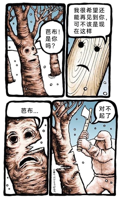 这是一则出自《The Perry Bible Fellowship》的四格连环漫画，故事设定在下雪的冬日森林中。第一格，一棵长着人脸的拟人化树木，看到一块带有相同人脸特征的木材，惊讶又带着期待地呼唤对方“芭布！是你吗？”；第二格，这块木材正是被砍伐的芭布，它带着悲伤的神情回应，称自己虽然渴望与同伴重逢，但绝不是以被砍倒、变成木材的模样；第三格，认出芭布的树木露出痛苦、绝望的表情，只能轻声呼唤它的名字；第四格，画面切换到另一棵拟人化的树木，一名伐木工正举着斧头准备砍伐它，这棵树带着悲伤的语气说出“对不起了”，暗示它即将和芭布一样被砍伐，步上同伴的后尘。漫画以拟人的手法，用黑色幽默的方式展现了森林被人类砍伐的残酷现实，传递出对自然被破坏的无奈与伤感，充满了讽刺意味。