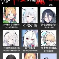 这是一张以二次元手游《蔚蓝档案》角色为素材制作的九宫格梗图，图中展示了六位游戏角色，每个角色下方都配有一句搞笑反差的标签文案，如「好好和小孩解释」「不理小孩」「我也想养龙」「在黑市摸鱼买瓜」「殴打小孩」「带上恐龙面具」，用角色的形象来对应这些趣味设定，制造出反差搞笑的效果，深受游戏玩家喜爱。
