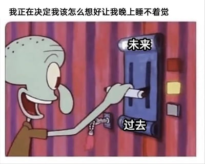 这张梗图以动画人物章鱼哥为主角，背景为他站在一个有两个选项的开关面前，开关上分别贴着“未来”和“过去”标签。上方有文字：“我正在决定我该怎么想好让我晚上睡不着觉”，非常贴合许多人因思考过去遗憾或担忧未来而失眠的常见生活现象。图中充满自嘲和调侃，有很强的共鸣感和幽默感。

没有明显的谐音梗或双关，但通过对日常焦虑原因进行可视化选择，具有一定的社交网络传播潜力。