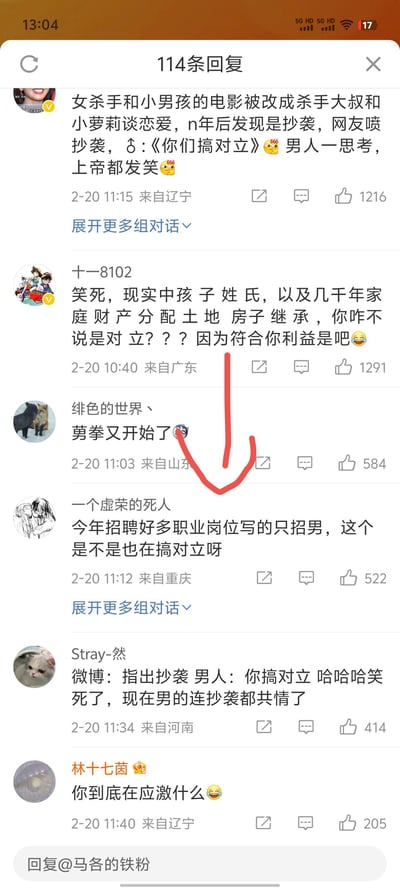 这是一张微博评论区的截图，共展示了6条网友评论，围绕多个争议话题展开讨论：
1. 首条评论提到某影视内容将“女杀手+小男孩”的设定改编为“杀手大叔+小萝莉恋爱”，后续被曝光抄袭，网友指责抄袭时却被男性群体扣上“搞对立”的帽子，评论者对此进行讽刺；
2. 有网友反驳，指出现实中孩子姓氏、家庭财产继承的传统偏向男性，质疑这类双标行为；
3. 有网友吐槽“剪拳”（谐音“键拳”，指网络上的性别对立言论）又开始了；
4. 重庆网友提到今年很多招聘岗位标注只招男性，质疑这是否属于“搞对立”；
5. 河南网友调侃，指出抄袭时男性反而指责网友搞对立，讽刺男性对抄袭的共情；
6. 最后一条网友评论反问对方“你到底在应激什么”。
整体评论充满了对性别双标、职场性别歧视、影视抄袭争议的讽刺与不满，是网络上性别议题相关讨论的缩影。