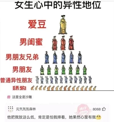 这是一张图文混排的静态社交媒体截图，核心内容是用古代官员品级的形象类比女生心中不同异性的地位层级，从上到下地位依次降低：最顶端是1个身着黄色服饰的“爱豆”，地位最高；第二层是3个红色服饰的“男闺蜜”；第三层是5个蓝色服饰的“男朋友兄弟”；第四层是7个绿色服饰的“男朋友”；第五层是12个灰色服饰的“普通异性朋友”；最底层是14个形象卑微的“舔狗”。图下方附带社交媒体评论区内容，用户“元气氚氚森林”发表了反向解读的搞笑评论：“他把我放这么低，肯定是怕我摔着，她果然心里有我🥺”，该评论获得8068个赞，同时图中还有“#这里全是沙雕”的话题标签，右下角带有“神评皮皮虾”的水印。整体内容用夸张的层级对比制造搞笑效果，调侃不同异性在女生心中的地位差异，而评论区的反向自我安慰逻辑，进一步增添了幽默反差感，引发网友共鸣。