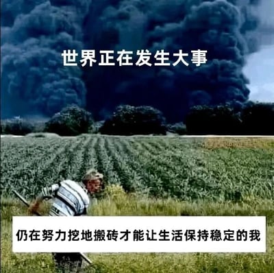 这是一张顶配底文的P图改编静态图，画面被分为上下两部分，上半部分是大片遮天蔽日的浓重黑烟，搭配白色文字“世界正在发生大事”，传递出外界似乎正有重大、动荡事件发生的氛围；下半部分是一片绿意盎然的农田，一位穿着蓝白条纹上衣的老人手持农具，弯腰在田边的草地上劳作，神情专注，搭配白色文字“仍在努力挖地搬砖才能让生活保持稳定的我”。整张图通过上下画面和文字的强烈反差，生动地刻画出当外界有重大事件发生时，普通民众并未被其影响，而是依然埋头于自己的日常劳作，为了维持生活而辛苦打拼的状态，用幽默调侃的方式展现了普通人生活的朴实与和外界大事件的疏离感，引发大众对自身生活的共鸣。