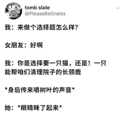 这是一张社交媒体截图，展示了一段幽默的情侣对话。对话中，“我”提出一个选择题让女朋友选择：要一只猫，还是一只能帮忙清理院子的长颈鹿。紧接着描述“身后传来嚼树叶的声音”，暗示长颈鹿可能已经出现在现场，最后女朋友“眼睛眯了起来”，营造出搞笑又略带调侃的氛围。