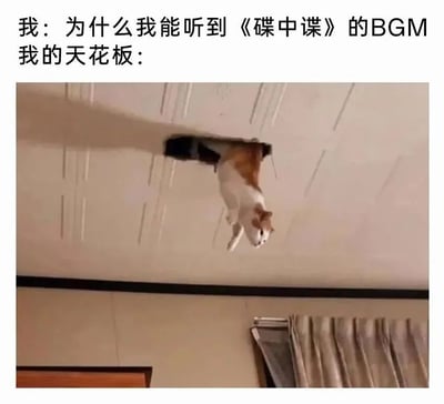 图片上方配有文字“我：为什么我能听到《碟中谍》的BGM 我的天花板：”，下方是一张实拍图：一只橘白相间的猫正倒挂在天花板的洞口处，四肢悬空，姿态仿佛电影《碟中谍》中主角攀爬或潜入的经典场景，通过文字与画面的结合，幽默地将猫咪的调皮行为与电影情节联系起来，营造出搞笑效果。