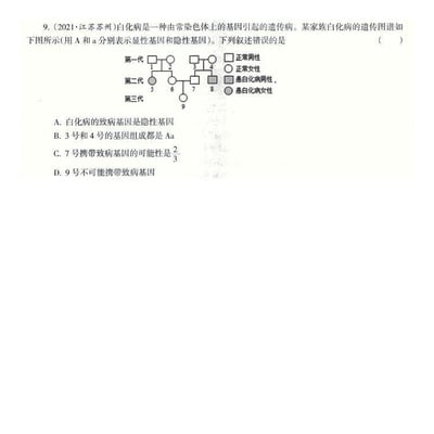 这是一道2021年江苏苏州的中学生物选择题，聚焦常染色体隐性遗传病——白化病的遗传规律。图中展示了某家族三代成员的白化病遗传系谱图，通过不同符号区分正常与患病的男女成员，题目给出四个关于该家族基因组成、致病基因性质的选项，要求选出叙述错误的一项。经过遗传学分析：A选项，1、2号正常却生育患病的3号，说明致病基因为隐性，正确；B选项，3、4号正常却生育患病的8号，说明二者基因组成均为Aa，正确；C选项，3、4号的子代7号正常，其基因组成可能为AA或Aa，其中携带致病基因Aa的概率为2/3，正确；D选项，6号基因组成可能为Aa，若7号为Aa，二者结合后9号有携带致病基因的可能，因此该选项错误，是本题的答案。