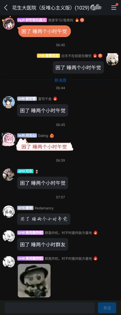 这是一张来自QQ群“花生大医院（反唯心主义版）”的聊天记录截图，时间跨度为06:40至07:07。群内多名成员先后跟风发送“困了 睡两个小时午觉”这条消息，而当前时间为清晨，和“午觉”形成明显反差，增添了搞笑氛围；最后成员“LV40商用轰炸机”打破跟风，玩梗改编内容为“困了 睡两个小时群友”，还附带了一张熊猫头搞怪表情包，进一步强化了群聊的趣味互动感，是网络社群中常见的跟风玩梗行为。