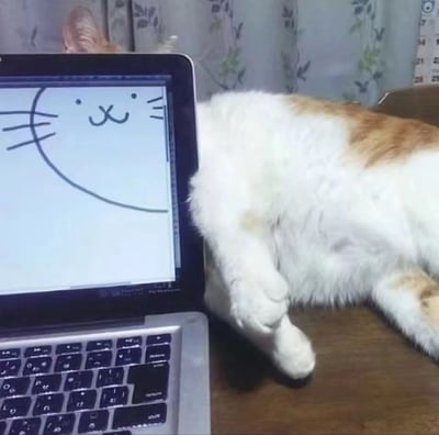 一只橘白相间的猫咪正悠闲地躺在笔记本电脑旁边，电脑屏幕上显示着一个简笔画风格的猫咪头像，两者形成了可爱的呼应。猫咪看起来非常放松，前爪自然伸展，背景是带有花纹的窗帘，营造出温馨的居家氛围。