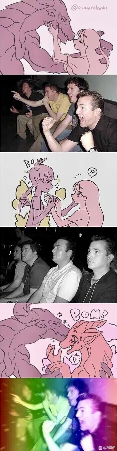 这是一组竖屏手机格式的多图拼接内容，由三格原创卡通漫画与三格真人观众反应照片交替组成，形成趣味反差效果。第一格卡通呈现长发女生与巨龙亲昵互动的画面，对应的真人照片是几位男性观众兴奋握拳、激动呐喊的状态；第二格卡通中巨龙变身成帅气的龙系少年，女生露出惊讶表情，对应的真人照片是几位男性观众面无表情、兴致缺缺的状态；第三格卡通里少年又变回巨龙，女生更加惊讶，对应的真人照片是几位男性观众被彩色特效覆盖，呈现出亢奋的状态。整个内容通过观众反应的反差，调侃了部分受众更偏好非人型“人外”角色的趣味倾向，利用变身剧情的反转制造笑点。