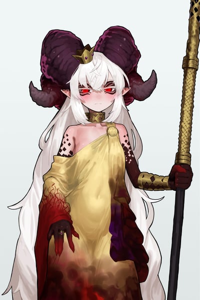 这是一幅原创二次元奇幻风格插画，画面主体是一位设定为魔王的少女角色：她有着一对巨大的深紫色螺旋羊角，搭配镶嵌紫宝石的金色小皇冠，银白色长发柔顺垂落；红色的竖瞳尽显魔王的威严，脸颊却晕着淡淡的红晕，又透出少女的羞涩感。她身着黄红渐变的长袍，手臂带有魔纹样式的装饰，右手握持一根带有鎏金纹饰的黑色长杖，整体造型融合了魔王的冷艳威严与少女的柔媚羞涩，背景为纯净浅色调，突出角色本身。图中无谐音梗、双关或暗示内容。