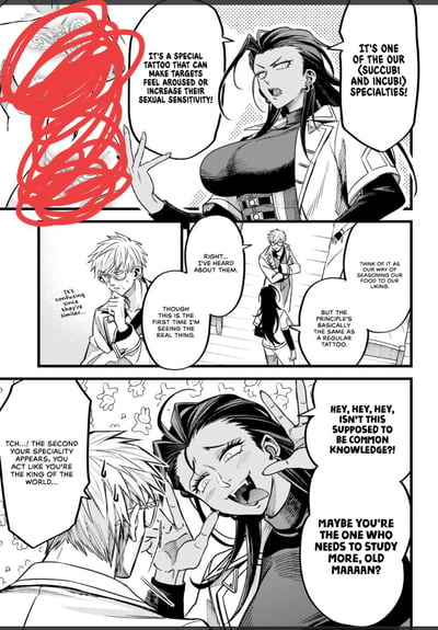 这是一页黑白奇幻漫画，分为三个分镜：
1. 第一个分镜中，一位魅魔族女性抬手向对方介绍，有一种能让目标产生情欲、提升性敏感度的特殊纹身，这是魅魔与梦魔的专属能力；
2. 第二个分镜里，戴眼镜的男性表示自己曾听闻这种纹身，但第一次见到实物，还提到这类纹身的原理和普通纹身基本类似，魅魔女性则将其比作按照喜好给食物调味；
3. 第三个分镜中，魅魔女性凑到男性面前，不满对方对这种常识性能力表现出的陌生感，吐槽对方在展示自己的专长时就像掌控一切的王者，还调侃对方是需要多学习的老男人。
内容围绕奇幻种族的特殊能力展开，无谐音或双关梗。
