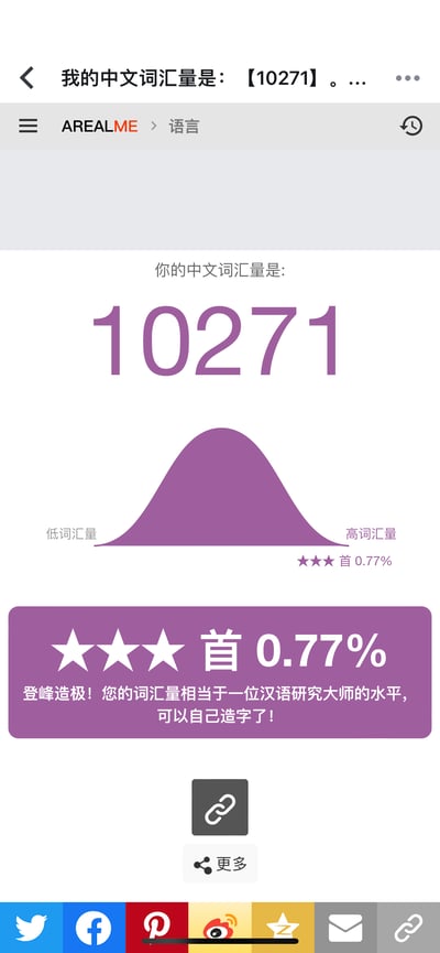 这是AREALME平台中文词汇量测试的结果页面截图，页面以竖屏网页UI呈现，图文混排展示测试数据：测试者的中文词汇量为10271，在参与测试的人群中排名前0.77%，并获得趣味评价“登峰造极！您的词汇量相当于一位汉语研究大师的水平，可以自己造字了！”，页面还配有正态分布示意图直观展示词汇量的人群分布，底部提供了多个社交平台的分享按钮，整体用于展示测试者优异的中文词汇量水平。