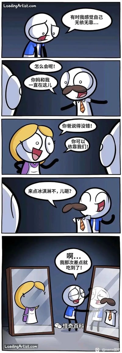 这是一则充满黑色幽默的连环卡通漫画：第一格中，身着蓝色上衣的卡通孩子面露失落，向镜头倾诉自己时常感到无依无靠；第二格中，留着小胡子、系着领带的卡通爸爸形象出现，热情地安慰孩子，表示自己和孩子妈妈一直陪伴着他；第三格中，金发的卡通妈妈形象也随之出现，笑着附和爸爸，告诉孩子可以完全依靠他们；第四格中，爸爸形象笑着邀请孩子吃冰淇淋；第五格剧情反转，画面揭露真相：孩子正扶着两面镜子，爸爸的形象是孩子用镜子反射套在身上的衬衫领带伪装出来的，妈妈的形象则是镜子反射的孩子伪装的模样，孩子带着遗憾的语气说道“啊...我那次差点就吃到了！”，暗示这是孩子的孤独幻想，他一直独自生活，甚至通过伪装来幻想家人的陪伴，曾经可能因为孤独错过了吃到冰淇淋的机会，漫画用温暖的假象反衬出孩子极致的孤独，充满悲伤的内核。