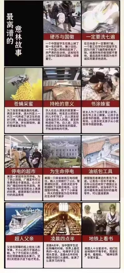 一张包含12个小图的多图拼接图片，每个小图都配有标题和文字描述，内容是关于不同国家的离谱故事。这些故事大多基于刻板印象和虚假信息，如中国学生因硬币上有国徽被外国人指责、日本要洗七遍碗、美国停电后超市商品可免费拿、德国油纸包工具百年不坏等。图片整体采用图文混排形式，旨在传播误导性的国际偏见内容。