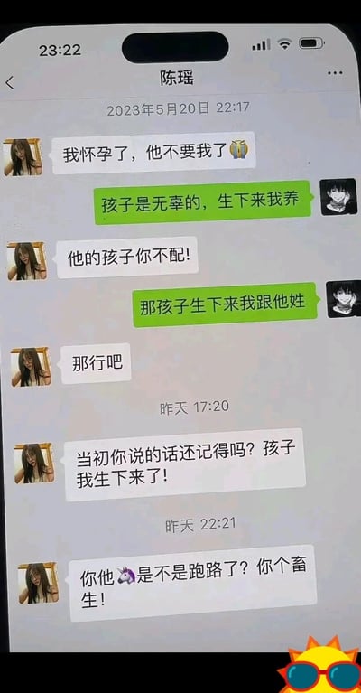这是一张模拟微信聊天界面的静态截图，记录了一段充满反转的趣味对话：2023年5月20日，名为陈瑶的用户向匿名用户哭诉自己怀孕后被孩子生父抛弃，匿名用户提出愿意抚养孩子，却被陈瑶以“他的孩子你不配”拒绝；随后匿名用户表示孩子出生后自己跟孩子姓，陈瑶才松口同意。时隔一段时间后，陈瑶告知匿名用户孩子已经生下，却发现对方失联，于是愤怒地辱骂对方跑路。整个对话通过“接盘承诺”与“最终跑路”的强烈反差，制造出荒诞又扎心的搞笑效果，是典型的网络反转段子。