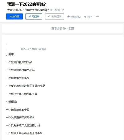 这是一张知乎平台的问答截图，页面顶部的问题为“预测一下2022的春晚？大家觉得2022的春晚会是怎样的呢？”，下方展示了一条获得503人赞同的高赞回答。该回答将预测的春晚节目内容分为“大概率”和“中等概率”两个部分，其中大概率出现的小品主题围绕当时的社会热点，包括鼓励打疫苗、鼓励就地过年、催婚催生、反对家长鸡娃补课、反对年轻人躺平；中等概率的节目则包括鼓励扶贫的小品、关于直播带货的相声、反对未成年人游戏的小品、鼓励大学生自主创业的小品，整体是结合当时社会热点对春晚节目内容的趣味预测。