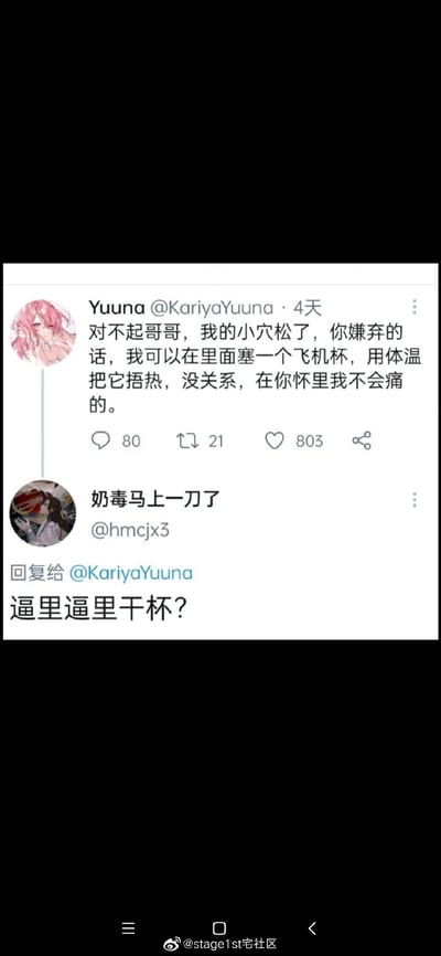 这是一张竖屏的类Twitter社交平台截图，截图中展示了两段低俗的互动内容：用户Yuuna以粉色头发卡通女性为头像，发布了一段露骨且讨好式的低俗文字，表述自己可以用极端方式讨好对方；用户“奶毒马上一刀了”针对该发言进行玩梗，用关联的低俗语句调侃。图片底部带有微博账号@stage1st宅社区的水印，表明该截图被该宅向社区转载分享，整体内容风格恶俗，属于网络低俗玩梗的范畴。